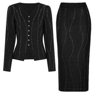 Crystal Embellished Knit Long Sleeve Top & High-Waisted Long Skirt Set
