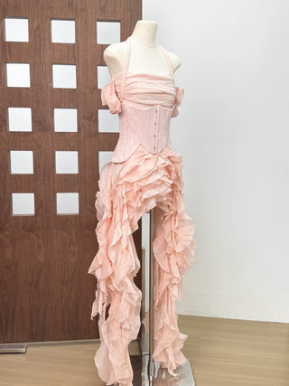 Corset Halter Asymmetric Ruffle Long Dress with Lace-Up Back