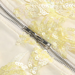 Elegant Strapless Floral Lace Embroidered Long Dress with Sequin Detail