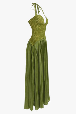 Lace Corset Halter Neck Pleated Long Dress with Lace-Up Back