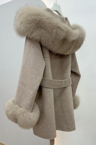 Long Wool Coat with Faux Fur Hood and Cuff Trim – Belted Design