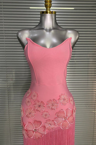 Strapless Floral Appliqué Fringe Long Dress with Bodycon Silhouette