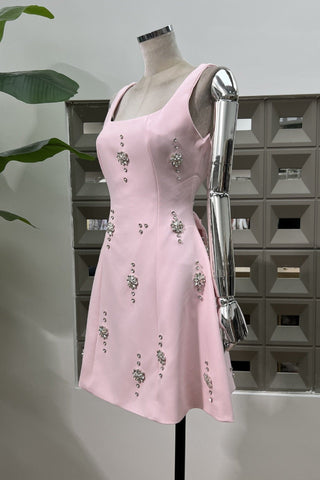 Crystal Embellished Open Back Bow Mini Dress
