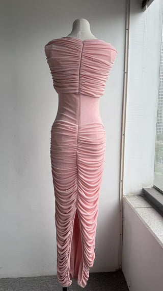 Velvet Ruched Cape Shoulder Short Sleeve Long Dress