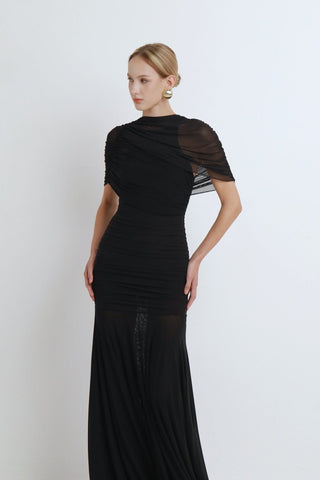 Ruched Off-Shoulder Long Dress – Draped Top & Flowing Skirt
