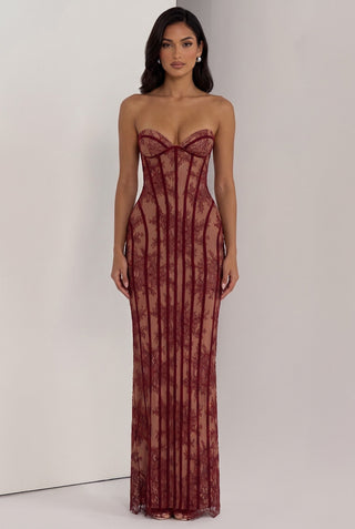 Sheer Lace Corset Strapless Long Dress with Lace-Up Back