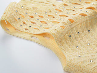 Crystal Embellished Openwork Crochet Sleeveless Top