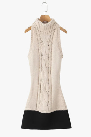 Knit Sleeveless Turtleneck Mini Dress with Contrast Hem