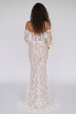 Floral Lace Corset Off-Shoulder Long Dress with Sheer Lace Sleeves