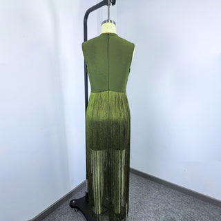 Metallic Fringe High Neck Sleeveless Long Dress