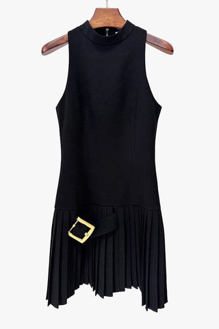 Chic High Neck Sleeveless Mini Dress with Pleated Skirt and Statement Belt Detail