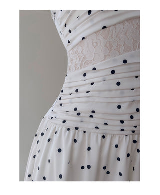 Polka Dot Lace Panel Ruched Midi Dress