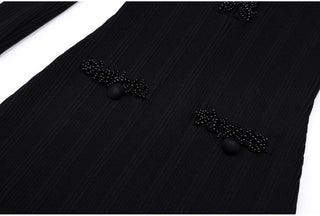 Ribbed Knit Long Dress with Pearl Trim Details & Long Sleeves