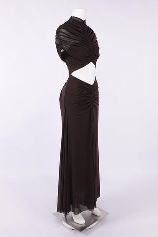 Ruched Mesh Short Sleeve Cut-Out Long Dress