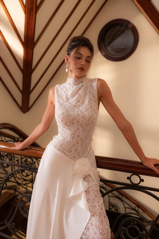 Sleeveless High Neck Lace & Draped Satin Rosette Long Dress
