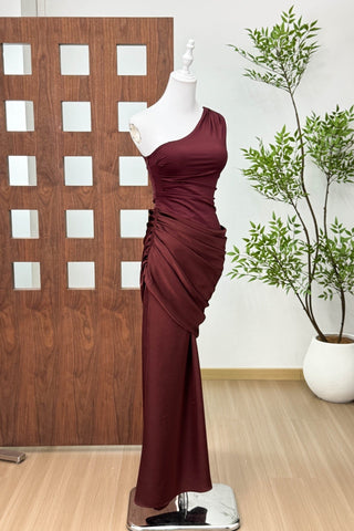 One Shoulder Ruched Long Dress with Draped Detail – Elegant Evening Fit
