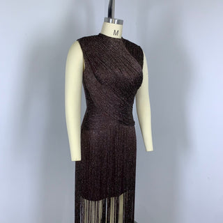 Metallic Fringe High Neck Sleeveless Long Dress