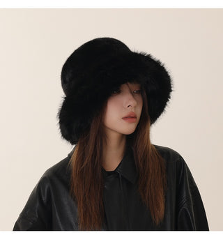 Plush Faux Fur Wide-Brim Winter Bucket Hat – Soft Fluffy Statement Hat