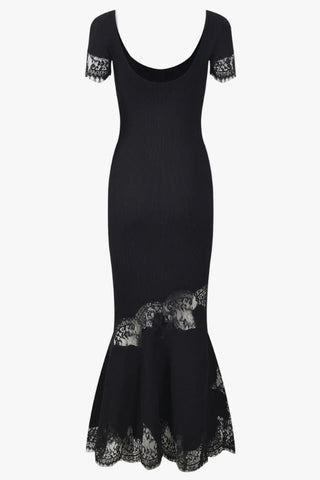Ribbed Knit Scoop Neck Short Sleeve Long Dress with Lace Trim & Flared Hem