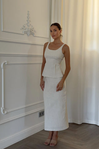 Sleeveless Linen-Blend Peplum Top & Long Skirt Co-Ord Set with Lace-Up Back