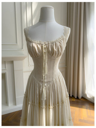 Embroidered Lace Corset Sleeveless Long Dress with Tiered Skirt