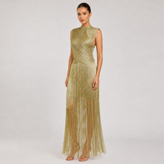 Metallic Fringe High Neck Sleeveless Long Dress