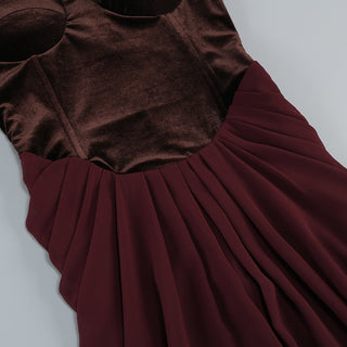Sleeveless Velvet Corset Long Dress with Mesh Straps & Draped Chiffon Skirt