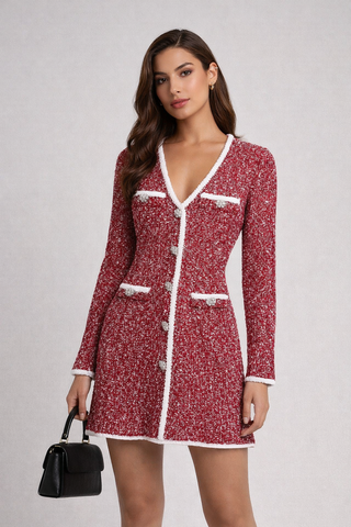 Long Sleeve Short Tweed Knit Dress with Contrast Trim and V-Neck Detail