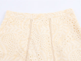 Floral Eyelet Cotton Two-Piece Set – Long Sleeve Shirt & High-Waist Shorts | Breathable Embroidered Lace