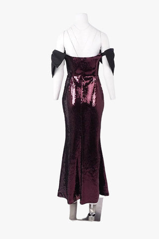 Sequin Bow Off-Shoulder Long Dress – Fitted Evening Gown