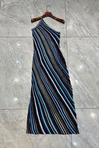 Metallic Striped One-Shoulder Knit Long Dress
