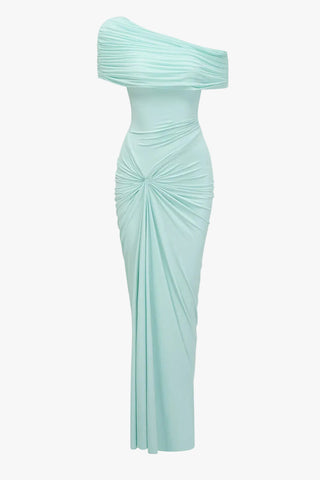 One-Shoulder Long Dress – Gathered Front, Fitted Waist & Floor-Length Design