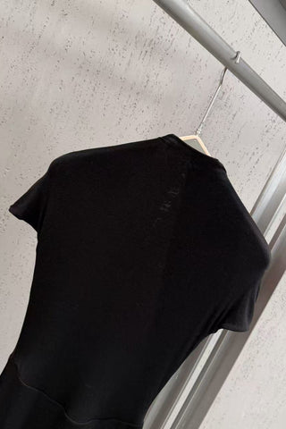Pearl Button High Neck Short Sleeve Cutout Long Dress