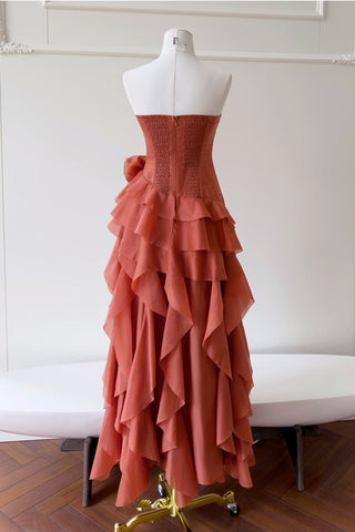 Statement Pleated Strapless Corset Long Dress with Dramatic Ruffles & Floral Detail