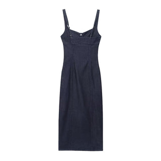 Indigo Denim Body-Sculpt Dress – Sleeveless, Button-Front Design