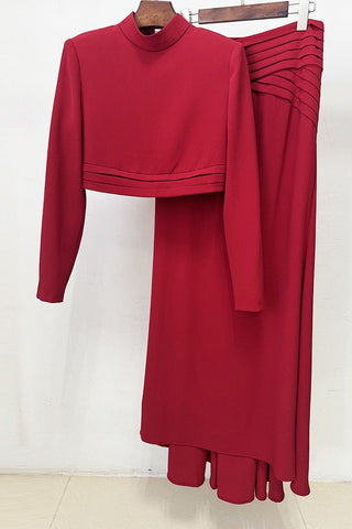 Mock Neck Long Sleeve Crop Top & Pleated long Skirt Set