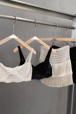 Crochet Bustier Top & Fringe Mini Skirt Set
