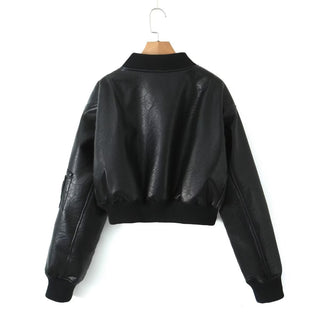 Cropped Faux Leather Bomber Jacket with Zip Detail