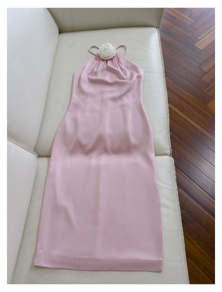 Halter Neck Satin Midi Dress with Floral Detail
