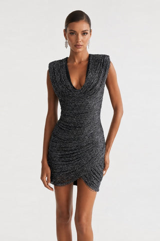 Metallic Draped Cowl Neck Sleeveless Bandage Mini Dress