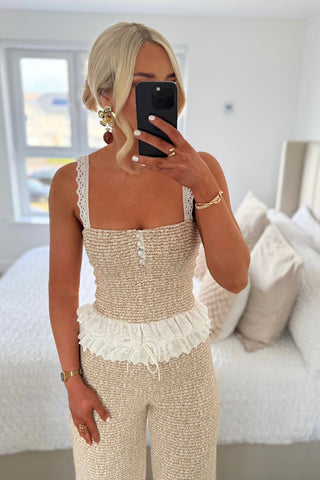 Textured Tweed Lace Trim Sleeveless Crop Top & Wide Leg Pants Set