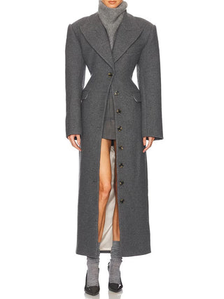 Tailored Button-Front Long Coat – Structured Waist Wool-Blend Style