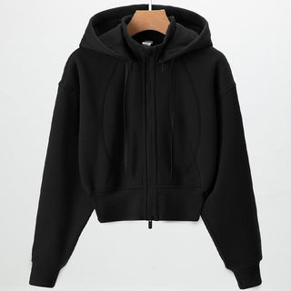 Layered High-Neck Cropped Zip-Up Hoodie