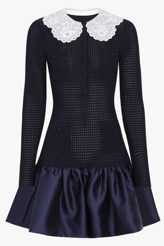 Elegant Long Sleeve Lace Collar Knit Mini Dress – Vintage Inspired Button Front
