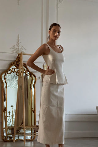 Sleeveless Linen-Blend Peplum Top & Long Skirt Co-Ord Set with Lace-Up Back