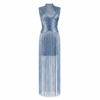 Metallic Fringe High Neck Sleeveless Long Dress
