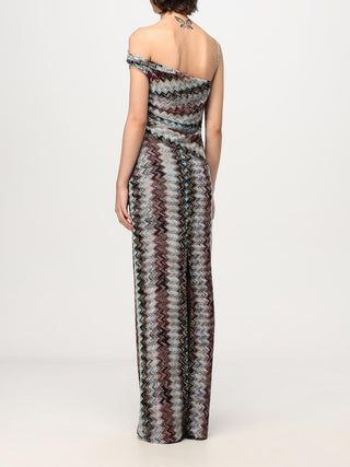 Zigzag Knit One-Shoulder Short Sleeve Long Dress