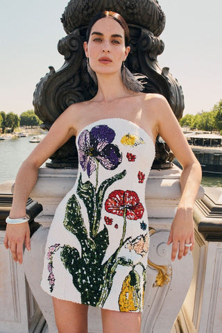 Floral Strapless A-Line Mini Dress with Statement Flower Design