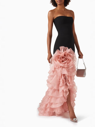 Strapless Fitted Floral Appliqué Ruffle Long Dress