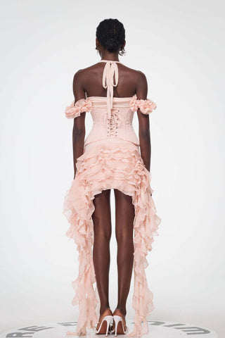 Corset Halter Asymmetric Ruffle Long Dress with Lace-Up Back